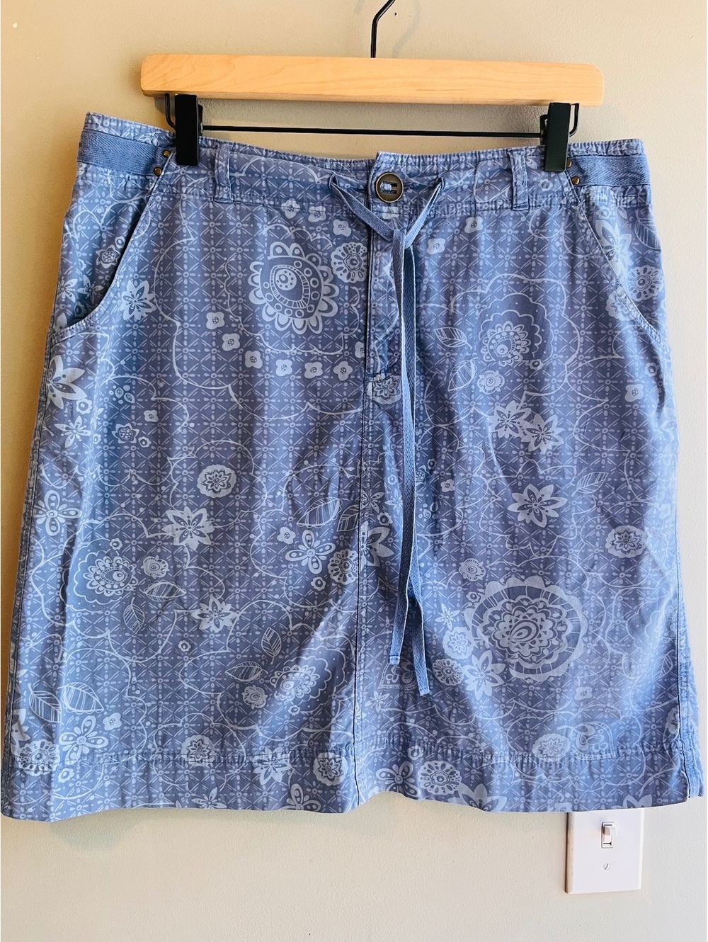 Fresh Produce Blue Floral Drawstring Cotton A-Line Skirt Medium